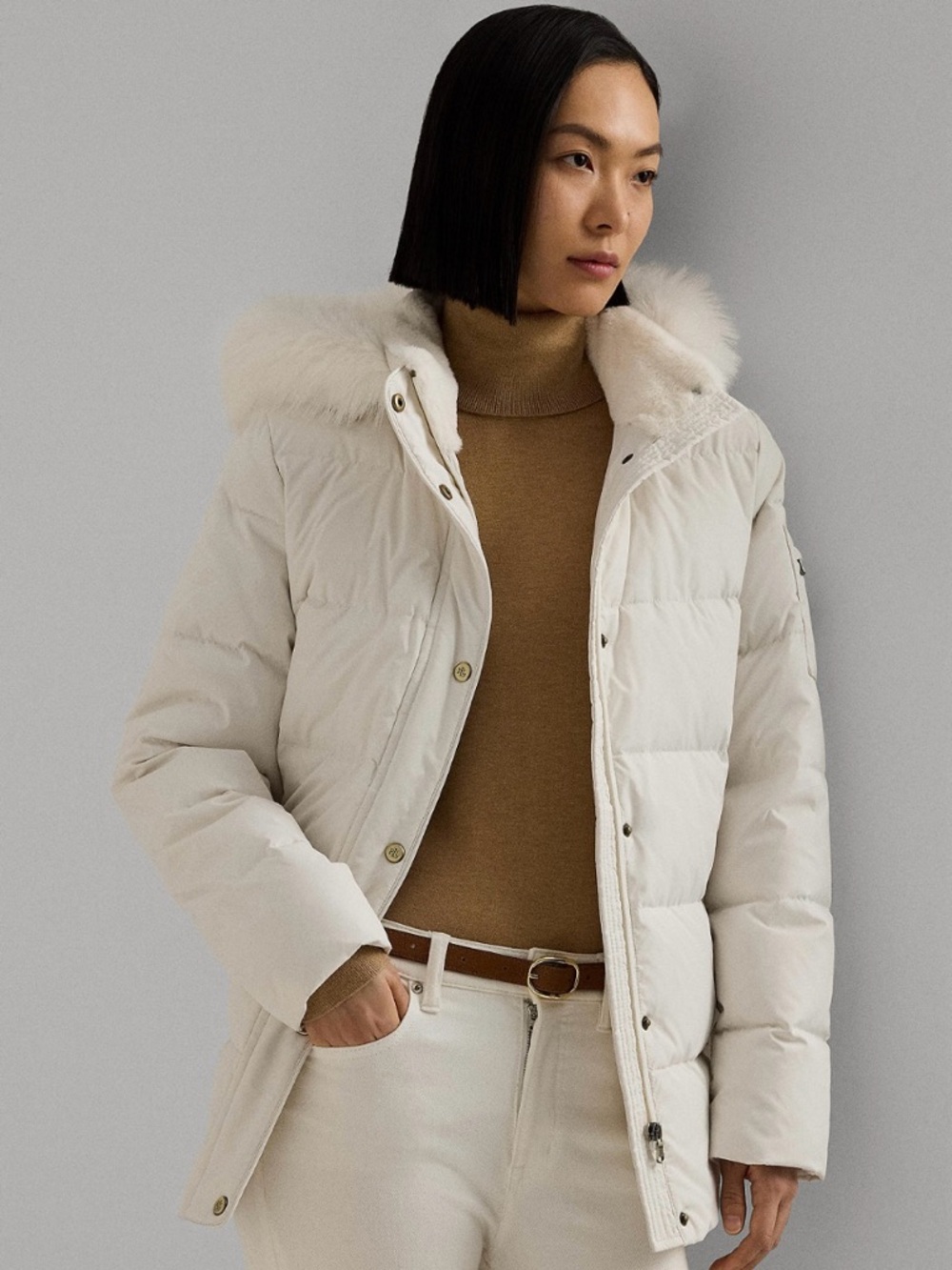 Polo by Ralph Lauren Cream Hooded Faux-Fur Trim Down Jacket